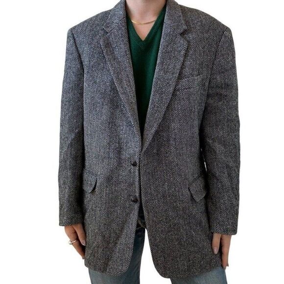 Harris Tweed Mens Black Chevron Wool Scottish Tweed Sport Coat Blazer 42R - Picture 1 of 9
